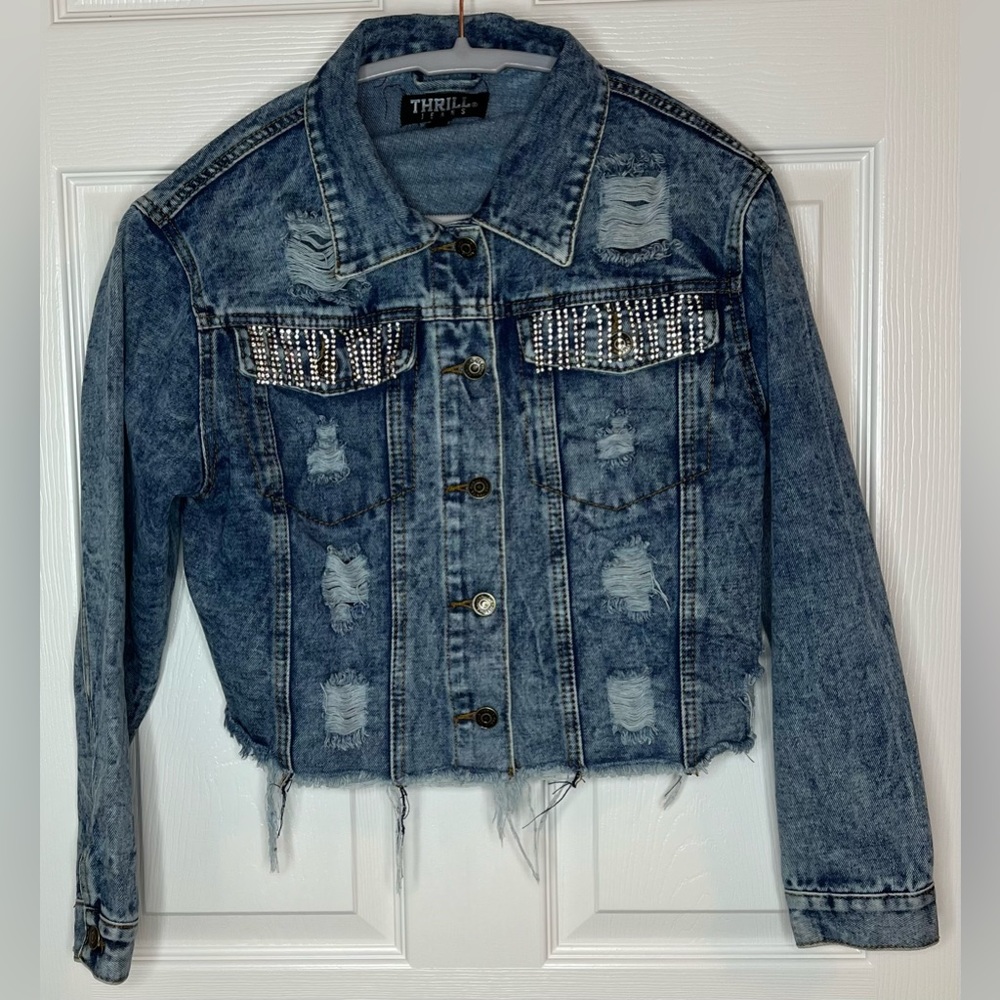 Thrill Jeans Distressed Denim Jacket with Rhinestones Size Medium